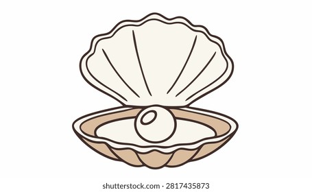 A stylized vector illustration featuring an open clam shell containing a single glowing pearl inside isolated on a white background