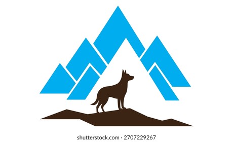 Una Ilustración vectorial estilizada con la silueta de un perro parado encima de una colina marrón o formación de roca, con un telón de fondo de picos geométricos azules. La Imagen tiene un diseño limpio y minimalista 