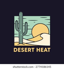 A stylized vector illustration featuring a tall saguaro cactus in the foreground with rolling desert sand dunes and a large sun against a light blue sky.