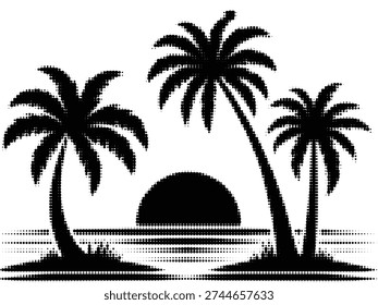 A stylized vector illustration featuring three palm trees silhouetted against a setting sun and calm ocean waters. The art uses a halftone dot pattern for a retro or graphic novel feel, perfect for tropical themes and vacation designs.
