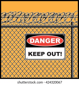 Stylized vector illustration of a fence with barbed wire and warning sign