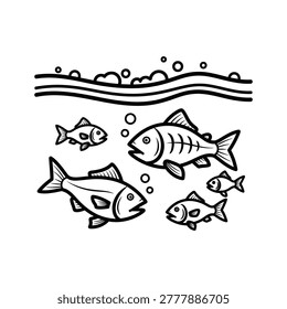 Stylized vector illustration of fish swimming underwater with bubbles and waves. Ideal for educational content, eco-themes, or marketing campaigns emphasizing community and natural environments.