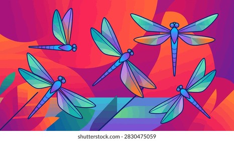 Stylized vector illustration of five colorful dragonflies in various flight positions set against a vibrant abstract background with layered warm orange and cool blue gradients.