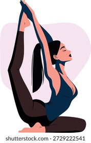 A stylized vector illustration of a flexible young woman with a ponytail performing the King Pigeon yoga pose against a minimal background.
