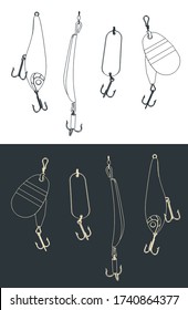 Stylized vector illustration of a floating minnow fishing hard lure set