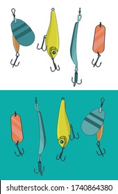 Stylized vector illustration of a floating minnow fishing hard lure set