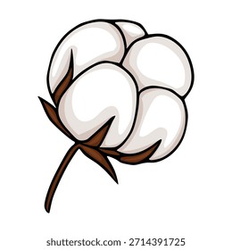 Stilisierte Vektorgrafik eines flauschigen Baumwollpflanzenbolls mit braunem Stiel und Paletten einzeln auf weißem Hintergrund.
