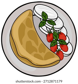 Stylized vector illustration of a folded crepe with fresh cherry tomatoes and mozzarella slices on a plate.