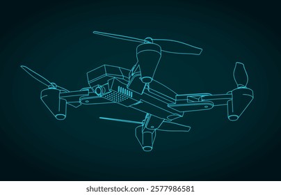 Stylized vector illustration of a folding drone blueprint