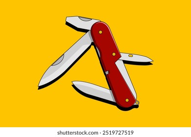 Stylized vector illustration of a folding multi-tool knife with several blades open, featuring a red handle against a vibrant yellow background. Suitable for outdoor, adventure, or utility themes.