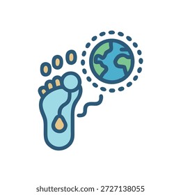Ilustración vectorial estilizada de una huella conectada a la Tierra, lo que sugiere un impacto ambiental. Estilo de diseño plano, utilizando tonos azul claro y verde.