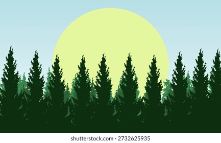 Stylized vector illustration of a forest with evergreen trees silhouetted against a light blue sky and a large yellow sun. Represents growth, sustainability, and a long-term vision. Could be used metaphorically for organizational structure, strategic planning, or environmental responsibility within a technology context.