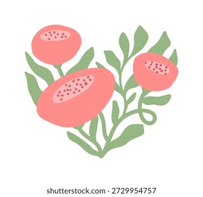 Ilustração vetorial estilizada formando um coração com flores rosa e folhagem verde exuberante, representando a natureza, a saúde e um conceito amoroso de namorados
