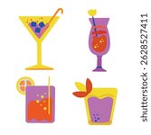 Stylized vector illustration of four colorful cocktail drinks in different types of glasses. Each drink features bold, vibrant colors with ice cubes, garnishes, bubbles, and decorative straws