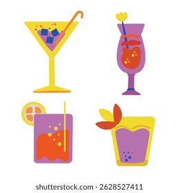 Stylized vector illustration of four colorful cocktail drinks in different types of glasses. Each drink features bold, vibrant colors with ice cubes, garnishes, bubbles, and decorative straws