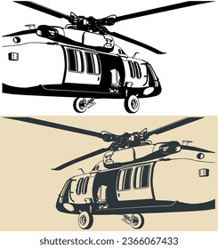 Stylized vector illustration of a four-bladed, twin-engine, medium-lift utility helicopter close up