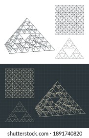 Stylized vector illustration of fractal pyramid drawings