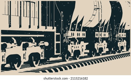 Stylized vector illustration of a freight locomotive with tank wagons close up template retro poster