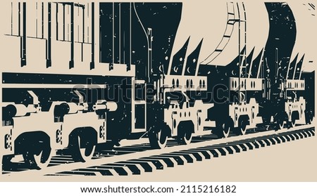 Stylized vector illustration of a freight locomotive with tank wagons close up template retro poster