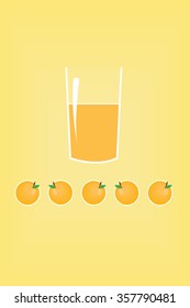 Stylized vector illustration of a fresh orange juice in a glass and several oranges in line on yellow background.