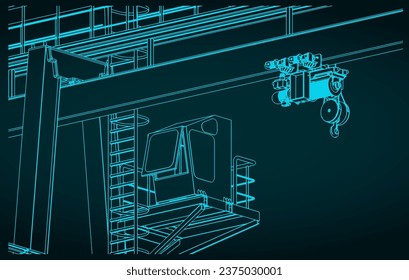 Stylized vector illustration of gantry crane close up. Blueprints style