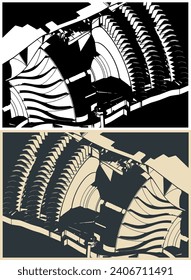 Stylized vector illustration of gas turbine structure close up