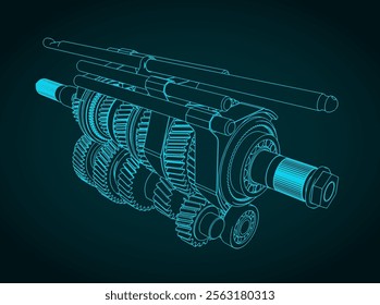 Stylized vector illustration of gearbox mechanisms blueprint