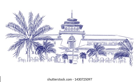 Stylized Vector Illustration of Gedung sate landmark symbol. Historical building in bandung, west java.  Illustrated with hand drawn sketch style