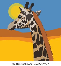 A stylized vector illustration of a giraffe in the African savanna with a bright sun and warm desert tones. The elegant animal stands against a vibrant landscape, symbolizing wildlife and nature.