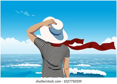 Stylized vector illustration of a girl in a striped T-shirt with a hat on the beach