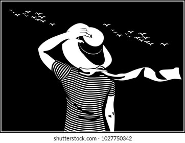 Stylized vector illustration of a girl in a striped T-shirt with a hat and a scarf