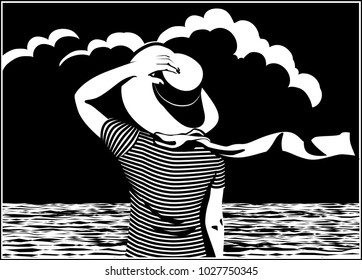 Stylized vector illustration of a girl in a striped T-shirt with a hat on the shore