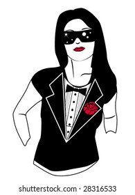 Stylized Vector Illustration Of A Girl Wearing A Tuxedo Print Shirt