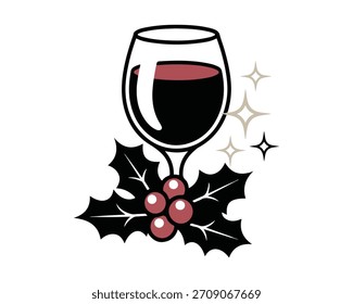 Stylized vector illustration of a glass of red wine resting above festive holly leaves and berries, perfect for holiday cheer and seasonal design elements.
