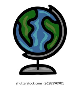A stylized vector illustration of a globe, featuring a bold black outline, simplified landmasses in shades of green, and a blue ocean with wavy lines, resting on a gray stand.