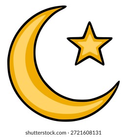 Stylized vector illustration of a golden crescent moon and star, symbolizing Islamic holidays and celestial themes.