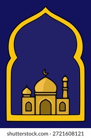 Ilustración vectorial estilizada de una mezquita dorada con una luna creciente, enmarcada por un arco decorativo, sobre un fondo azul profundo, evocando una sensación de herencia y celebración islámica.