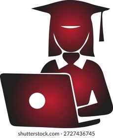 Stilisierte Vektorgrafik eines Absolventen oder Studenten, der eine akademische Mütze und ein Kleid trägt, fleißig an einem Laptop arbeitet, als Symbol für digitale Bildung, Online-Lernen