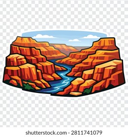 Stylized vector illustration of the Grand Canyon, featuring its iconic red rock formations and the winding Colorado River under a blue sky. Perfect for travel, nature, and adventure themes.