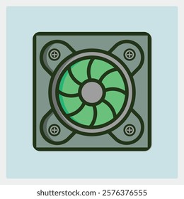 Stylized vector illustration of a gray and green computer cooling fan icon with four screws