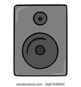 Stylized vector illustration of a gray speaker with two distinct drivers, featuring a bold black outline and subtle gray shading for depth.