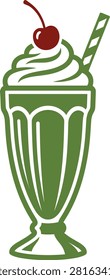A stylized vector illustration of a green milkshake in a classic glass, topped with whipped cream, a cherry, and a striped straw.