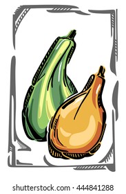 A stylized vector illustration of green and orange gourds, and gray curvy frame.