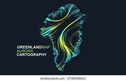 Stylized vector illustration of the Greenland map formed with flowing aurora-inspired lines, representing Arctic night skies and northern lights. Clean modern design for posters, tourism, and editorial use.