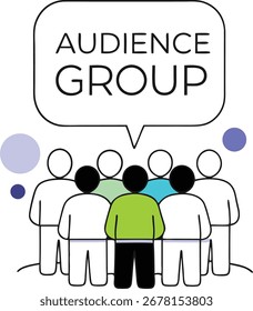 Stylized vector illustration of a group of people icons with a speech bubble above. Represents audience, group, communication, and engagement in a scalable graphic format.