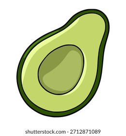 Ilustración vectorial estilizada de un aguacate cortado a la mitad con un interior verde suave y vibrante y una corteza verde más oscura, aislada sobre un fondo blanco, que representa una alimentación saludable y productos frescos.