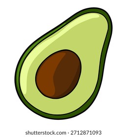 Ilustración vectorial estilizada de un aguacate cortado a la mitad con una semilla marrón prominente, con Gradientes suaves y contornos audaces sobre un fondo blanco.