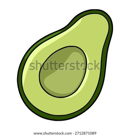 Stylized vector illustration of a halved avocado with a smooth, vibrant green interior and a darker green rind, isolated on a white background, representing healthy eating and fresh produce.