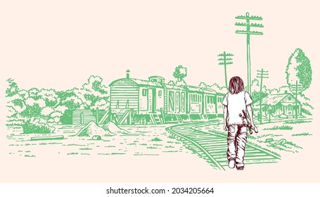 Stylized vector illustration, handmade of train final station with skateboarder. Art in free and stripped lines.