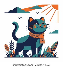 A stylized vector illustration of a happy cat wearing a patterned scarf, standing in a meadow under a sunny sky with birds.